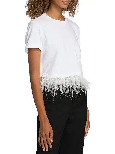 Cinq à Sept Women's Feather-Trim Stretch-Cotton Crop T-Shirt - White - Size XL | Thumbnail 4 Cinq à Sept Women's Feather-Trim Stretch-Cotton Crop T-Shirt - White - Size XL | Thumbnail 4