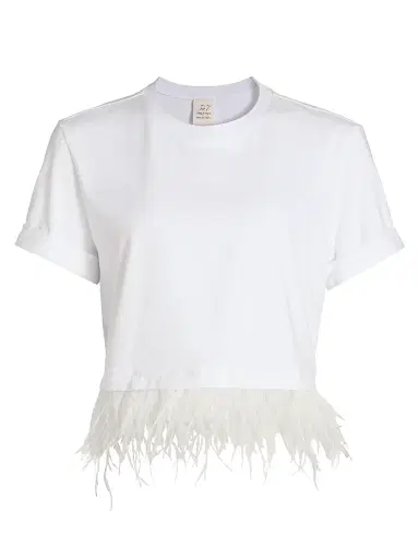 Cinq à Sept Women's Feather-Trim Stretch-Cotton Crop T-Shirt - White - Size XL | Thumbnail 1 Cinq à Sept Women's Feather-Trim Stretch-Cotton Crop T-Shirt - White - Size XL | Thumbnail 1