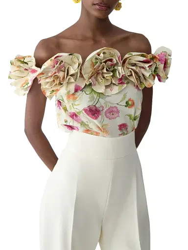 Carolina Herrera Women's Floral Stretch-Cotton Off-The-Shoulder Top - Almond Multi - Size 6 | Thumbnail 3
