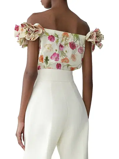 Carolina Herrera Women's Floral Stretch-Cotton Off-The-Shoulder Top - Almond Multi - Size 6 | Thumbnail 4