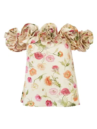 Carolina Herrera Women's Floral Stretch-Cotton Off-The-Shoulder Top - Almond Multi - Size 6 | Thumbnail 1