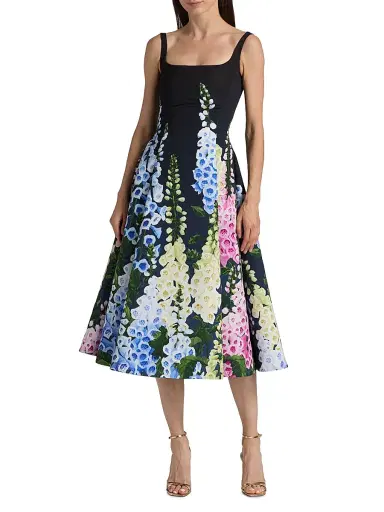 Oscar de la Renta Women's Foxgloves-Print Degradé Faille Sleeveless Cocktail Dress - Navy Multi | Thumbnail 3 Oscar de la Renta Women's Foxgloves-Print Degradé Faille Sleeveless Cocktail Dress - Navy Multi | Thumbnail 3