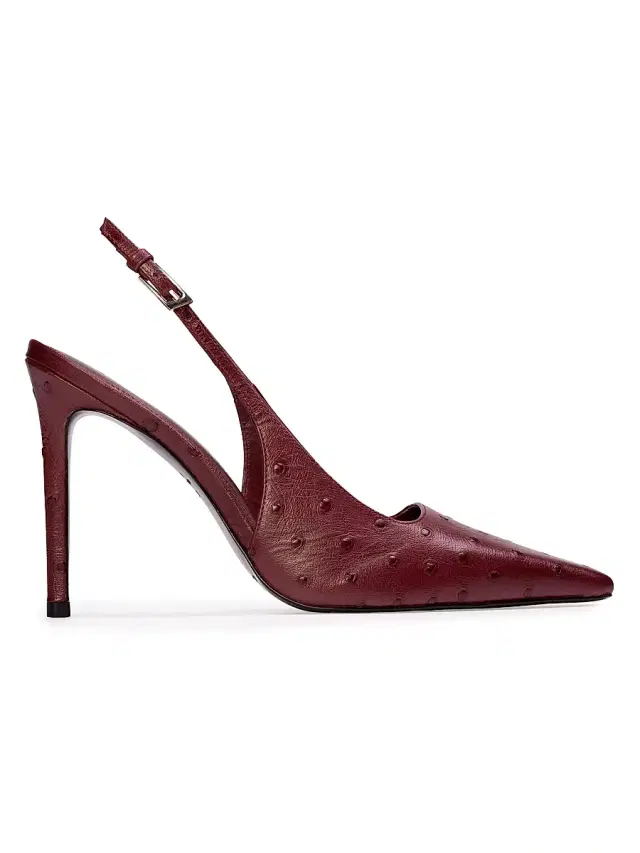 Black Suede Studio Women's Lainey 100MM Ostrich Pumps - Ruby Ostrich Leather