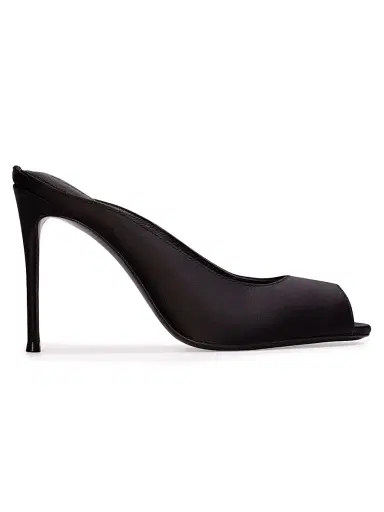 Black Suede Studio Women's Shania 100MM Satin Peep-Toe Mule Heels - Black Satin - Size 5 | Thumbnail 1