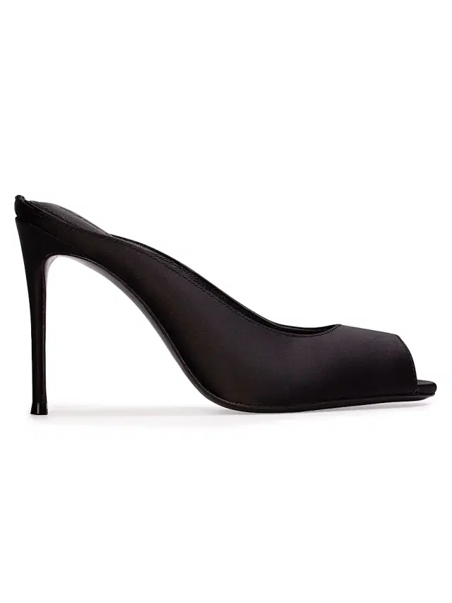 Women's Shania 100MM Satin Peep-Toe Mule Heels - Black Satin