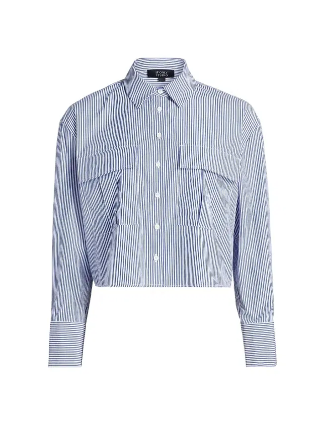 If Only Studio Women's Cropped Striped Nylon Blouse - Navy White