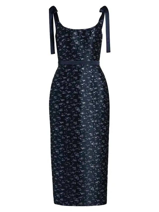 Women's Acacia Floral Brocade Corset Belted Midi-Dress - Navy Blue