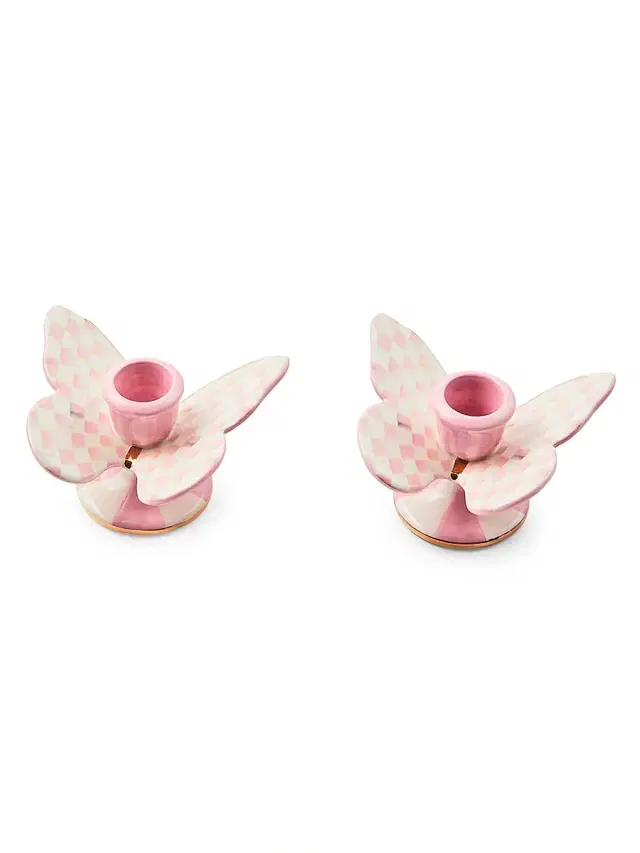 MacKenzie-Childs Rosy Check Butterfly Candle Holders, Set of 2
