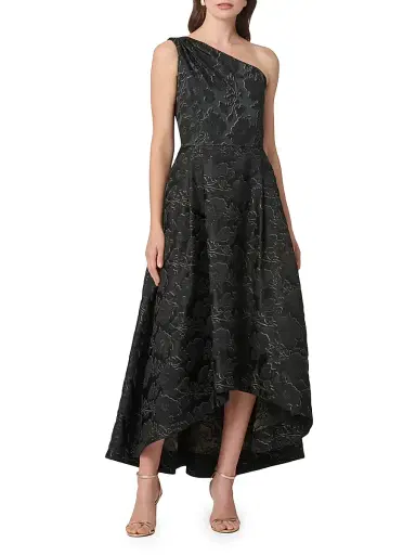 Shoshanna Women's Georgie Metallic Jacquard One-Shoulder Tea-Length Gown - Jet Gold | Thumbnail 2