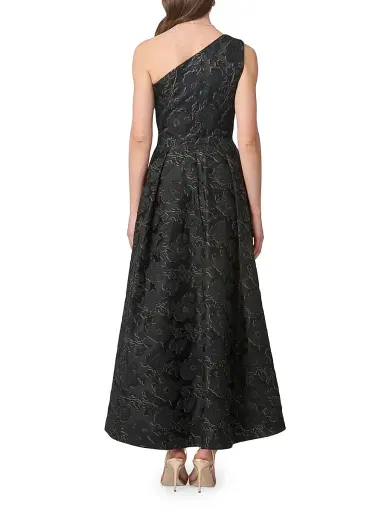 Shoshanna Women's Georgie Metallic Jacquard One-Shoulder Tea-Length Gown - Jet Gold | Thumbnail 3