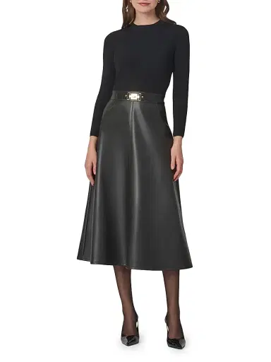 Shoshanna Women's Paige Long-Sleeve Faux Leather Midi-Dress - Jet | Thumbnail 2
