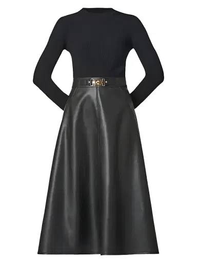 Shoshanna Women's Paige Long-Sleeve Faux Leather Midi-Dress - Jet | Thumbnail 1