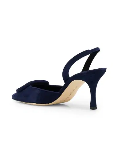 Manolo Blahnik Women's Maysli 70MM Buckle-Detail Suede Slingback Pumps - Dark Blue | Thumbnail 4