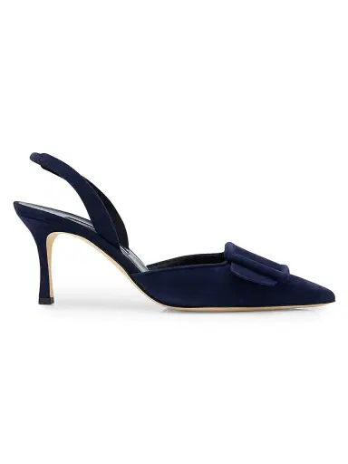 Manolo Blahnik Women's Maysli 70MM Buckle-Detail Suede Slingback Pumps - Dark Blue | Thumbnail 1