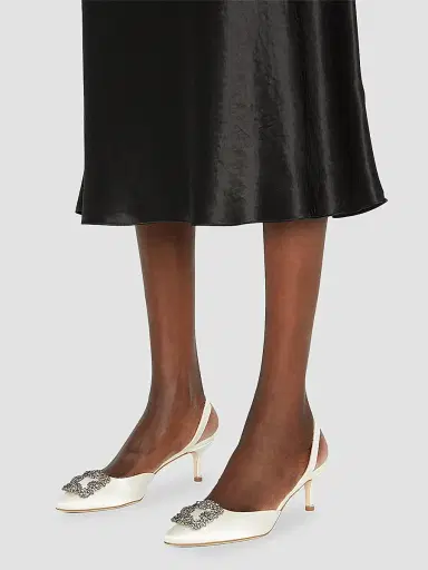 Manolo Blahnik Women's Hangsi 50MM Crystal-Buckle Satin Slingback Pumps - Cream - Size 10 | Thumbnail 3 Manolo Blahnik Women's Hangsi 50MM Crystal-Buckle Satin Slingback Pumps - Cream - Size 10 | Thumbnail 3