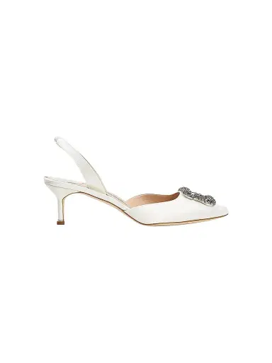Manolo Blahnik Women's Hangsi 50MM Crystal-Buckle Satin Slingback Pumps - Cream - Size 10 | Thumbnail 1 Manolo Blahnik Women's Hangsi 50MM Crystal-Buckle Satin Slingback Pumps - Cream - Size 10 | Thumbnail 1