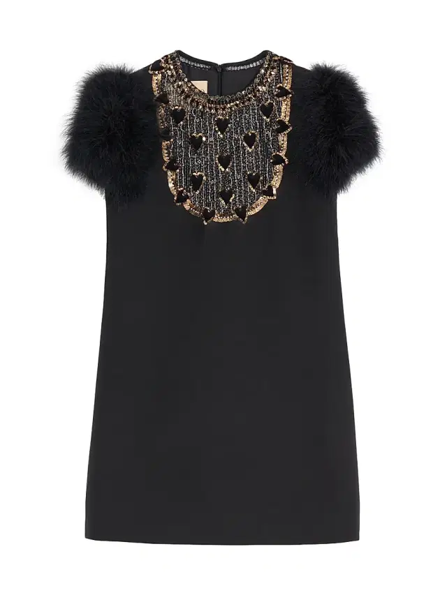 Women's Embroidered Crepe Couture Short Dress - Black