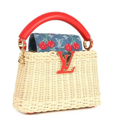 Louis Vuitton Louis Vuitton X Takashi Murakami Capucines Mini Red and Blue Monogram Cherry Denim and Rattan Wicker Gold Hardware | Thumbnail 2 Louis Vuitton Louis Vuitton X Takashi Murakami Capucines Mini Red and Blue Monogram Cherry Denim and Rattan Wicker Gold Hardware | Thumbnail 2