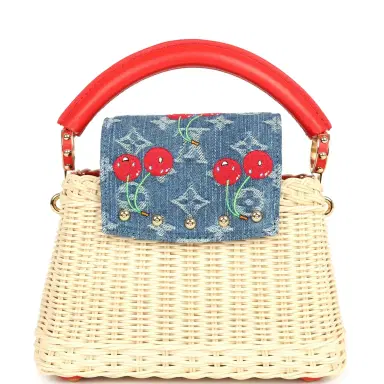 Louis Vuitton Louis Vuitton X Takashi Murakami Capucines Mini Red and Blue Monogram Cherry Denim and Rattan Wicker Gold Hardware | Thumbnail 4 Louis Vuitton Louis Vuitton X Takashi Murakami Capucines Mini Red and Blue Monogram Cherry Denim and Rattan Wicker Gold Hardware | Thumbnail 4