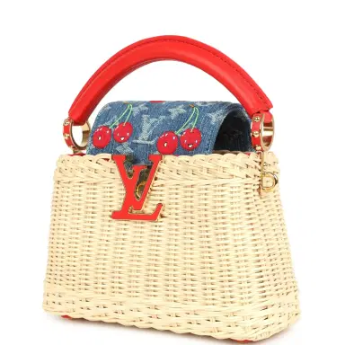 Louis Vuitton Louis Vuitton X Takashi Murakami Capucines Mini Red and Blue Monogram Cherry Denim and Rattan Wicker Gold Hardware | Thumbnail 5 Louis Vuitton Louis Vuitton X Takashi Murakami Capucines Mini Red and Blue Monogram Cherry Denim and Rattan Wicker Gold Hardware | Thumbnail 5
