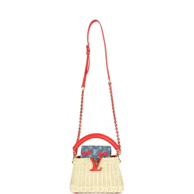 Louis Vuitton Louis Vuitton X Takashi Murakami Capucines Mini Red and Blue Monogram Cherry Denim and Rattan Wicker Gold Hardware | Thumbnail 7 Louis Vuitton Louis Vuitton X Takashi Murakami Capucines Mini Red and Blue Monogram Cherry Denim and Rattan Wicker Gold Hardware | Thumbnail 7
