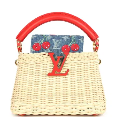 Louis Vuitton Louis Vuitton X Takashi Murakami Capucines Mini Red and Blue Monogram Cherry Denim and Rattan Wicker Gold Hardware | Thumbnail 1 Louis Vuitton Louis Vuitton X Takashi Murakami Capucines Mini Red and Blue Monogram Cherry Denim and Rattan Wicker Gold Hardware | Thumbnail 1