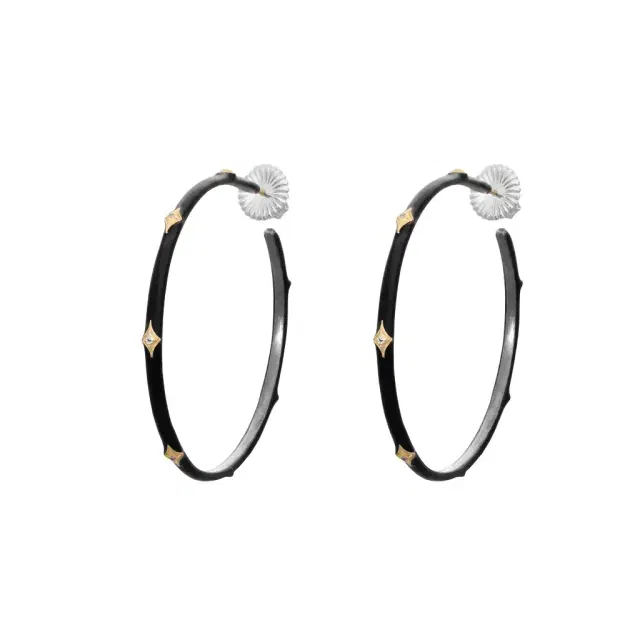 Armenta Armenta Rose World 14K Rose Gold & Grey Sterling Silver Black Enamel Champagne Diamond Hoop Earrings by The Solist
