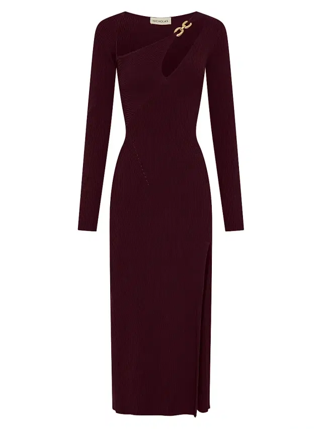 NICHOLAS Women's Ginerva Chain-Link Ribbed Midi-Dress - Plum