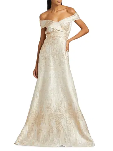 Teri Jon by Rickie Freeman Women's Metallic Jacquard Off-The-Shoulder A-Line Gown - Cham Gold - Size 12 | Thumbnail 2