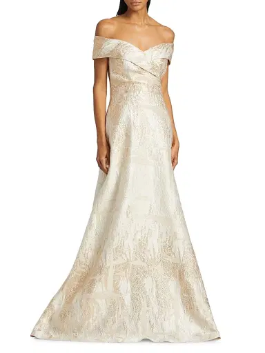 Teri Jon by Rickie Freeman Women's Metallic Jacquard Off-The-Shoulder A-Line Gown - Cham Gold - Size 12 | Thumbnail 3