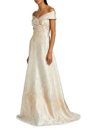 Teri Jon by Rickie Freeman Women's Metallic Jacquard Off-The-Shoulder A-Line Gown - Cham Gold - Size 12 | Thumbnail 4