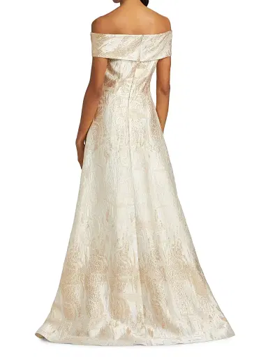Teri Jon by Rickie Freeman Women's Metallic Jacquard Off-The-Shoulder A-Line Gown - Cham Gold - Size 12 | Thumbnail 5