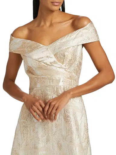 Teri Jon by Rickie Freeman Women's Metallic Jacquard Off-The-Shoulder A-Line Gown - Cham Gold - Size 12 | Thumbnail 6