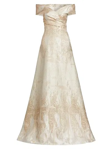 Teri Jon by Rickie Freeman Women's Metallic Jacquard Off-The-Shoulder A-Line Gown - Cham Gold - Size 12 | Thumbnail 1