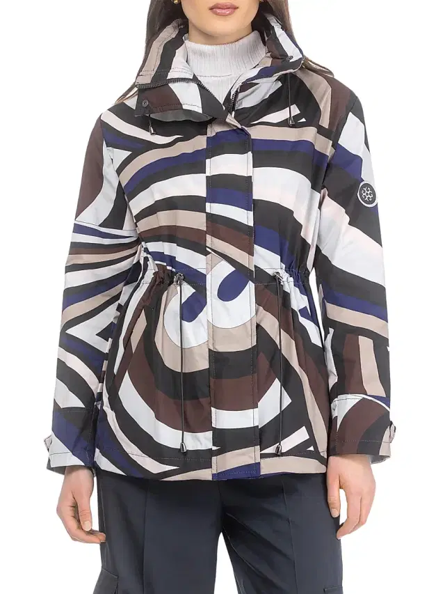 Gorski Women's Lightweight Jacket with Concealed Hood - Navy Brown Swirl