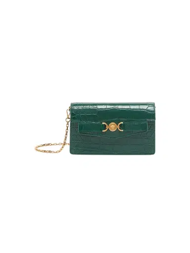 Versace Women's Croc-Embossed Leather Wallet-On-Chain Shoulder Bag - Dark Emerald Gold | Thumbnail 1 Versace Women's Croc-Embossed Leather Wallet-On-Chain Shoulder Bag - Dark Emerald Gold | Thumbnail 1