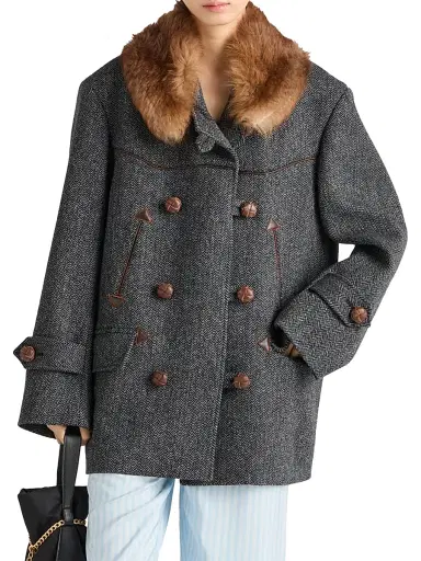 Prada Women's Double-Breasted Chevron Peacoat - Grey | Thumbnail 2