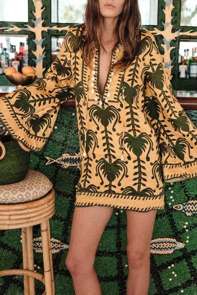 Johanna Ortiz Wild Savannah Tunic Dress - Yellow Light Green | Thumbnail 2