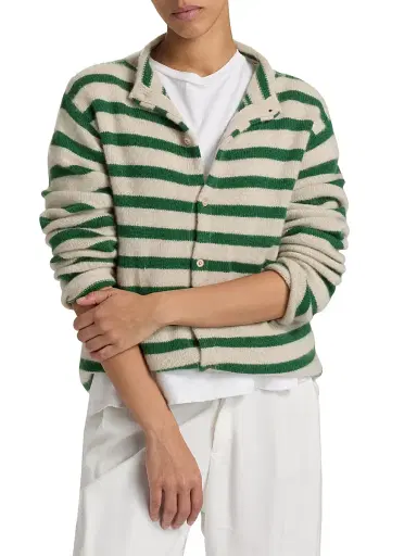 The Elder Statesman Women's Cousteau Striped Cashmere Cardigan - Fern White | Thumbnail 3 The Elder Statesman Women's Cousteau Striped Cashmere Cardigan - Fern White | Thumbnail 3