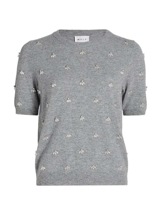 Milly Women's Rosalyn Rhinestone-Embellished Short-Sleeve Top - Grey