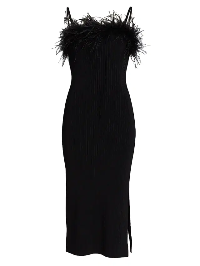 Milly Women's Robena Feather-Trimmed Ribbed Midi-Dress - Black