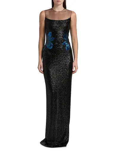 Naeem Khan Women's Floral Appliqué & Sequined Illusion Stretch Column Gown - Black Navy | Thumbnail 3 Naeem Khan Women's Floral Appliqué & Sequined Illusion Stretch Column Gown - Black Navy | Thumbnail 3