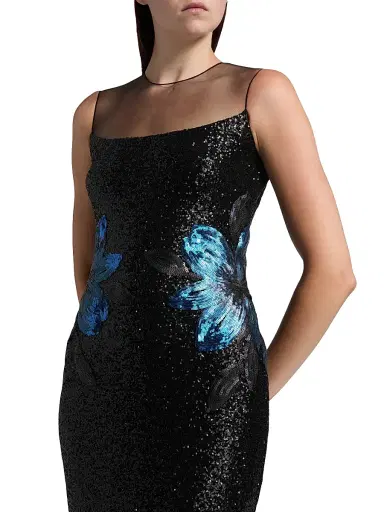 Naeem Khan Women's Floral Appliqué & Sequined Illusion Stretch Column Gown - Black Navy | Thumbnail 6 Naeem Khan Women's Floral Appliqué & Sequined Illusion Stretch Column Gown - Black Navy | Thumbnail 6