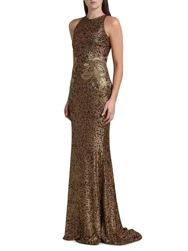 Naeem Khan Women's Floral-Appliquéd Stretch-Sequined Halterneck Gown - Gold | Thumbnail 4 Naeem Khan Women's Floral-Appliquéd Stretch-Sequined Halterneck Gown - Gold | Thumbnail 4