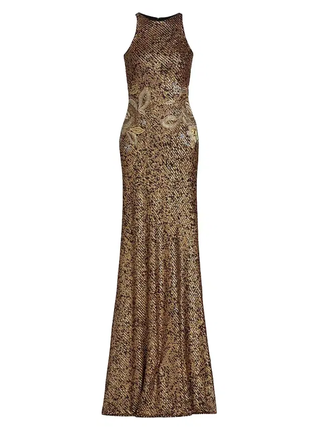 Women's Floral-Appliquéd Stretch-Sequined Halterneck Gown - Gold