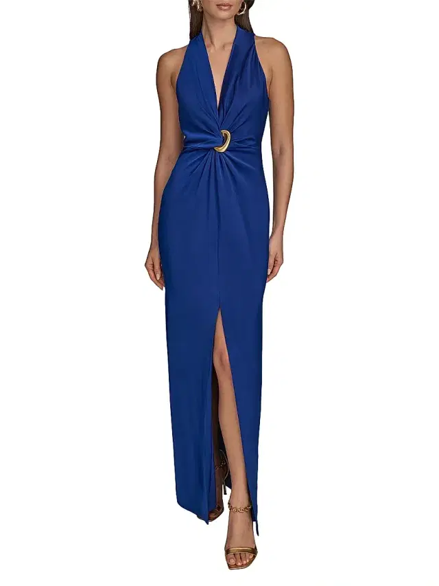 Donna Karan New York Women's Gathered Satin Sleeveless Gown - Sapphire