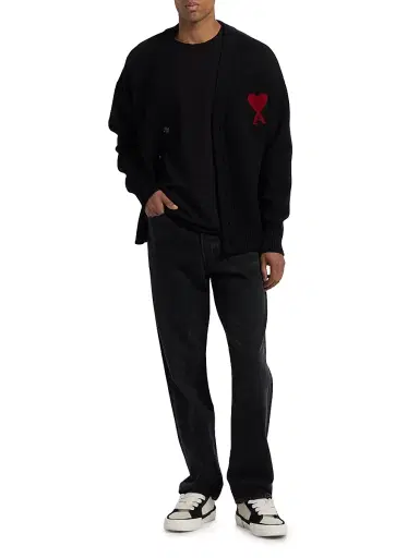 AMI PARIS Men's Ami de Coeur Wool Cardigan - Ecru Rouge - Size XXL | Thumbnail 2