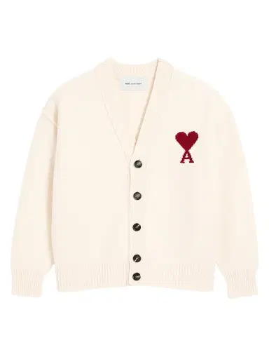 AMI PARIS Men's Ami de Coeur Wool Cardigan - Ecru Rouge - Size XXL | Thumbnail 1
