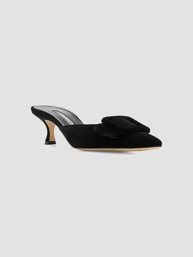 Manolo Blahnik Women's Maysale 50MM Buckle-Detail Velvet Kitten-Heel Mules | Thumbnail 3 Manolo Blahnik Women's Maysale 50MM Buckle-Detail Velvet Kitten-Heel Mules | Thumbnail 3