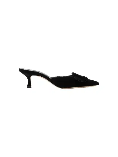 Manolo Blahnik Women's Maysale 50MM Buckle-Detail Velvet Kitten-Heel Mules | Thumbnail 1 Manolo Blahnik Women's Maysale 50MM Buckle-Detail Velvet Kitten-Heel Mules | Thumbnail 1